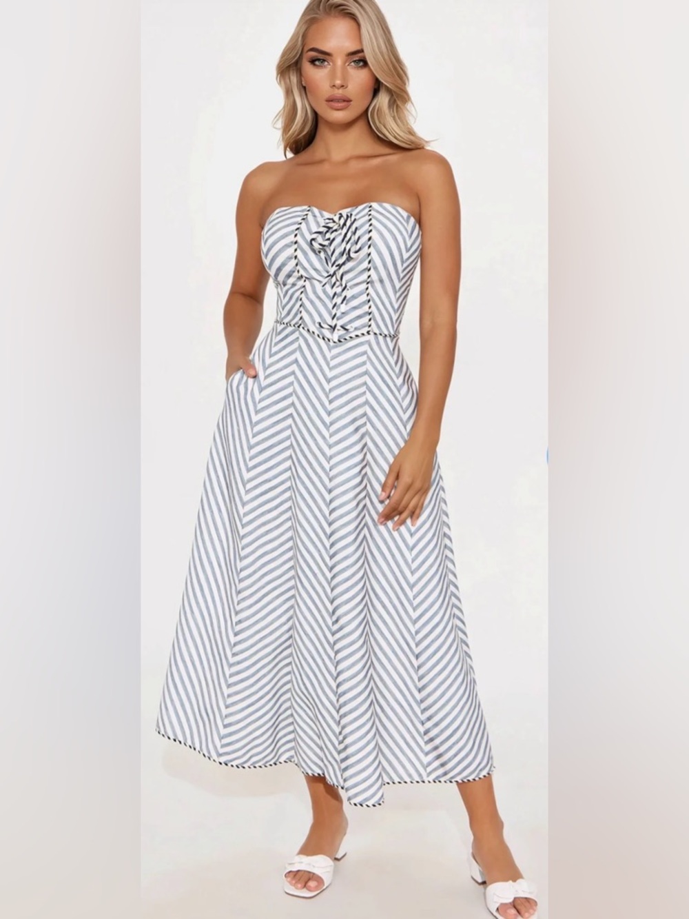 Striped Strapless Midi Linen Dress in charcoal combo